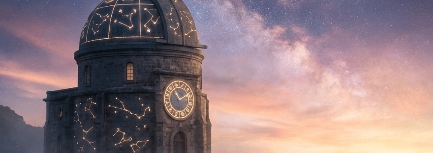 Stone observatory on a cliff glowing with golden constellations under a starry Milky Way sky.