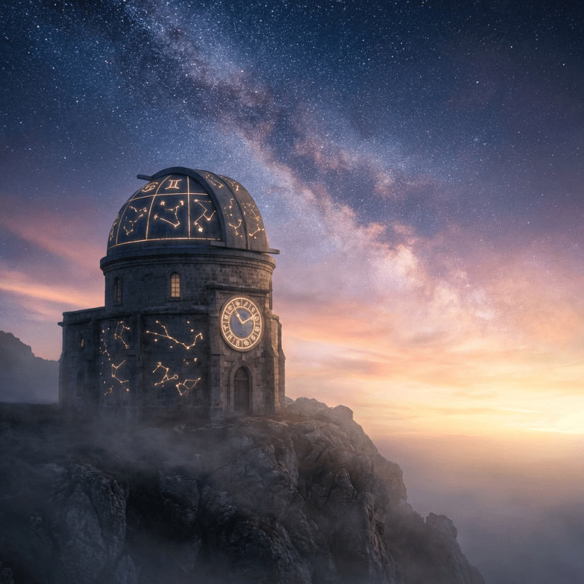 Stone observatory on a cliff glowing with golden constellations under a starry Milky Way sky.
