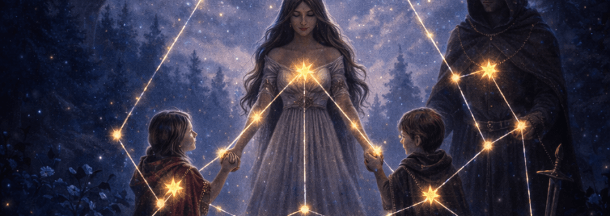 Three people linked by glowing constellations at night with a unicorn, fox, stag, and owl