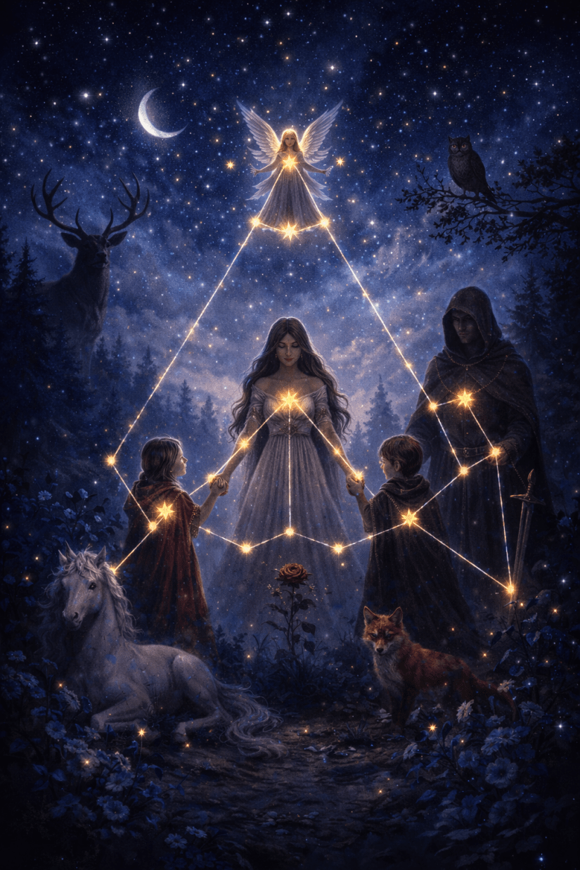 Three people linked by glowing constellations at night with a unicorn, fox, stag, and owl