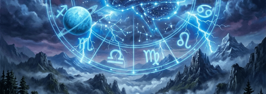 Glowing brain constellation in night sky above mountain valley with lightning and castle