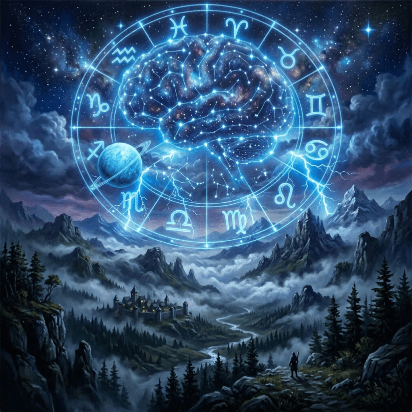 Glowing brain constellation in night sky above mountain valley with lightning and castle