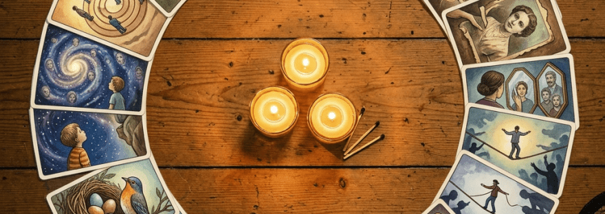 Circle of playing cards around three lit candles on wooden table