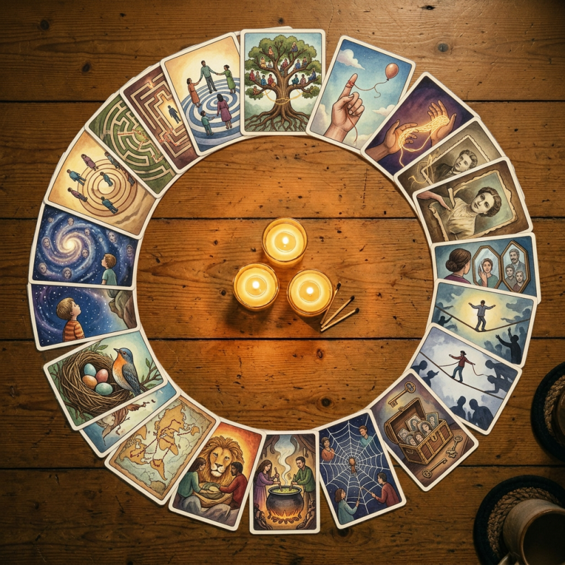 Circle of playing cards around three lit candles on wooden table
