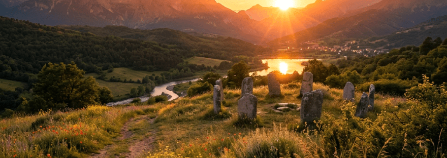 Stone circle surrounded by colorful wildflowers with sun setting behind mountain range and river