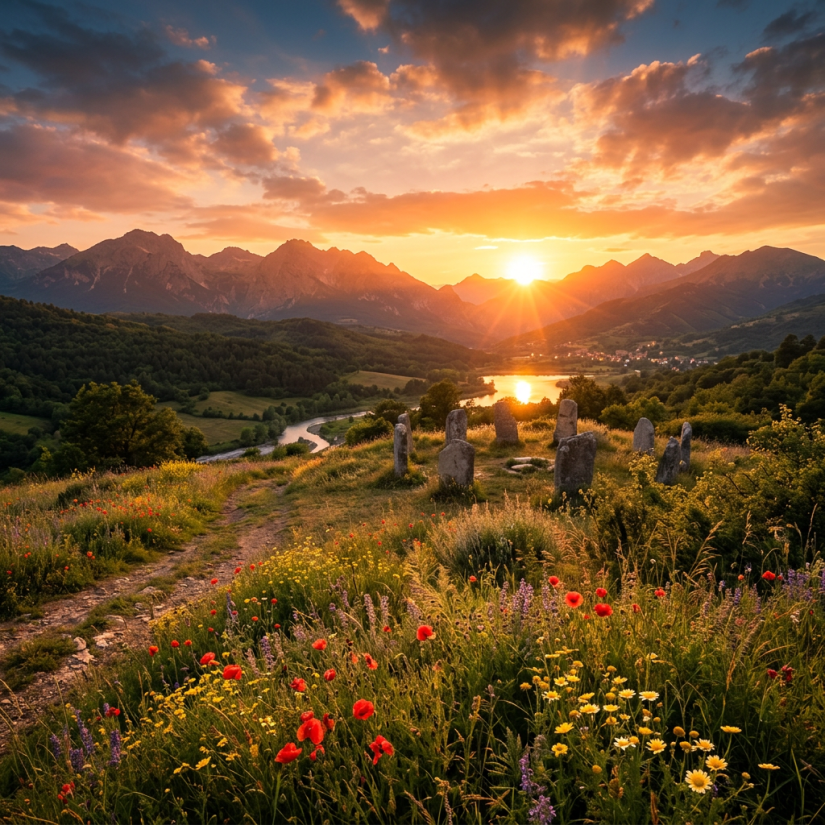Stone circle surrounded by colorful wildflowers with sun setting behind mountain range and river