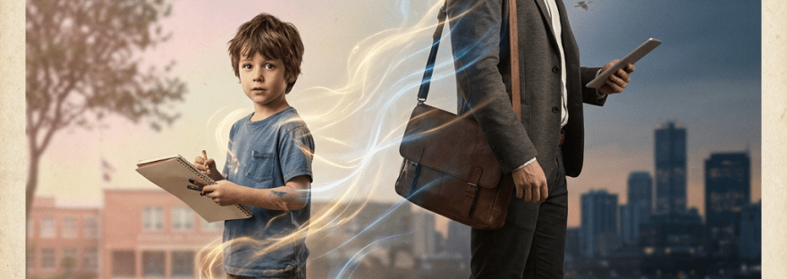Young boy drawing with crayons beside businessman holding a tablet with glowing connection between them