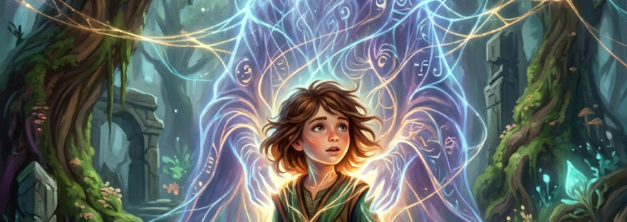 Young child surrounded by glowing spirit in a magical forest