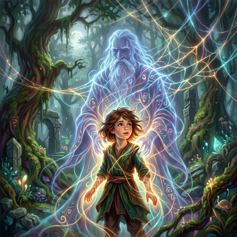 Young child surrounded by glowing spirit in a magical forest
