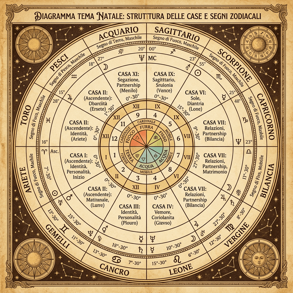 Astrological chart with zodiac signs, house numbers, elements, and qualities arranged in concentric circles.