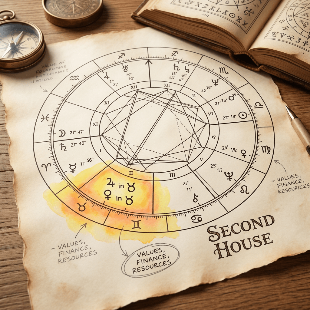 Astrological natal chart with the second house highlighted indicating values, finance, and resources