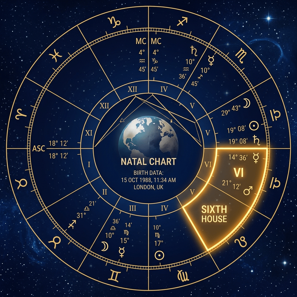 Astrological natal chart with houses and planetary positions for birth date 15 Oct 1988, 11:34 AM, London, UK