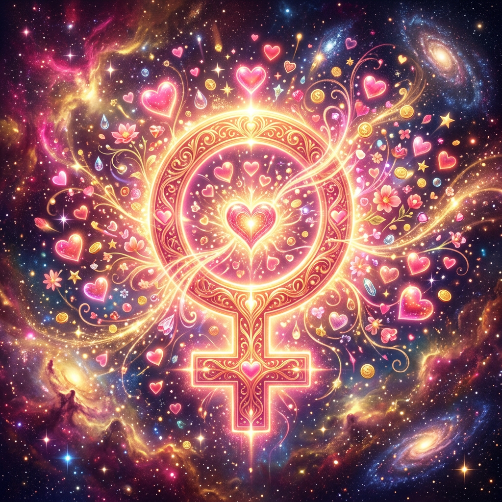 Glowing female gender symbol with hearts, flowers, and cosmic background