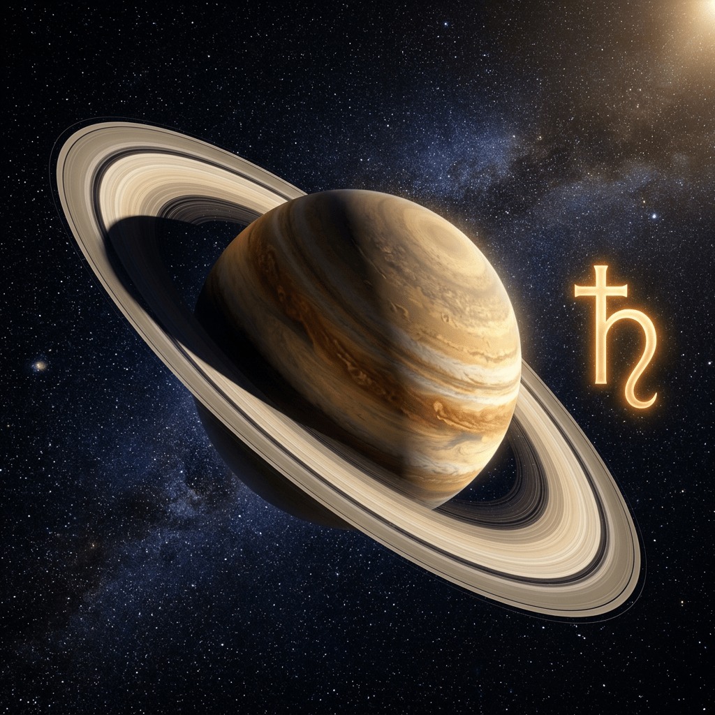 Saturn planet with rings and glowing astrological symbol in space