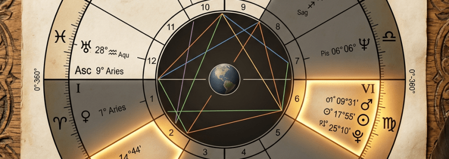 Natal astrology chart with houses II and VI highlighted, showing zodiac signs, planetary positions, and aspects lines.