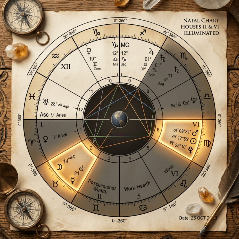 Natal astrology chart with houses II and VI highlighted, showing zodiac signs, planetary positions, and aspects lines.