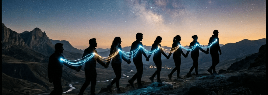 Silhouettes of people holding hands connected by glowing blue and yellow light trails under a star-filled night sky
