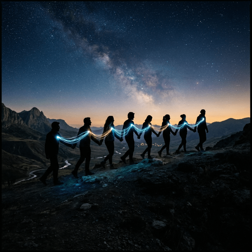 Silhouettes of people holding hands connected by glowing blue and yellow light trails under a star-filled night sky