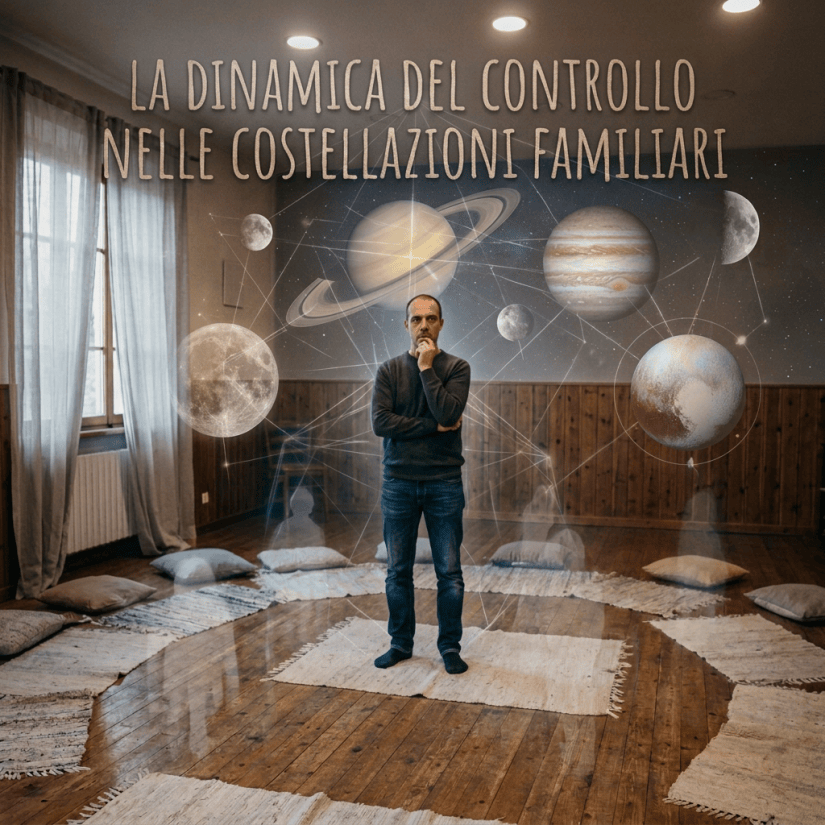 Italian text reads “La dinamica del controllo nelle costellazioni familiari” above a group exercise.